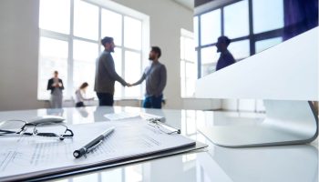 Personas de fondo estrechando la mano y en primer plano un contrato y un lapicero sobre este.